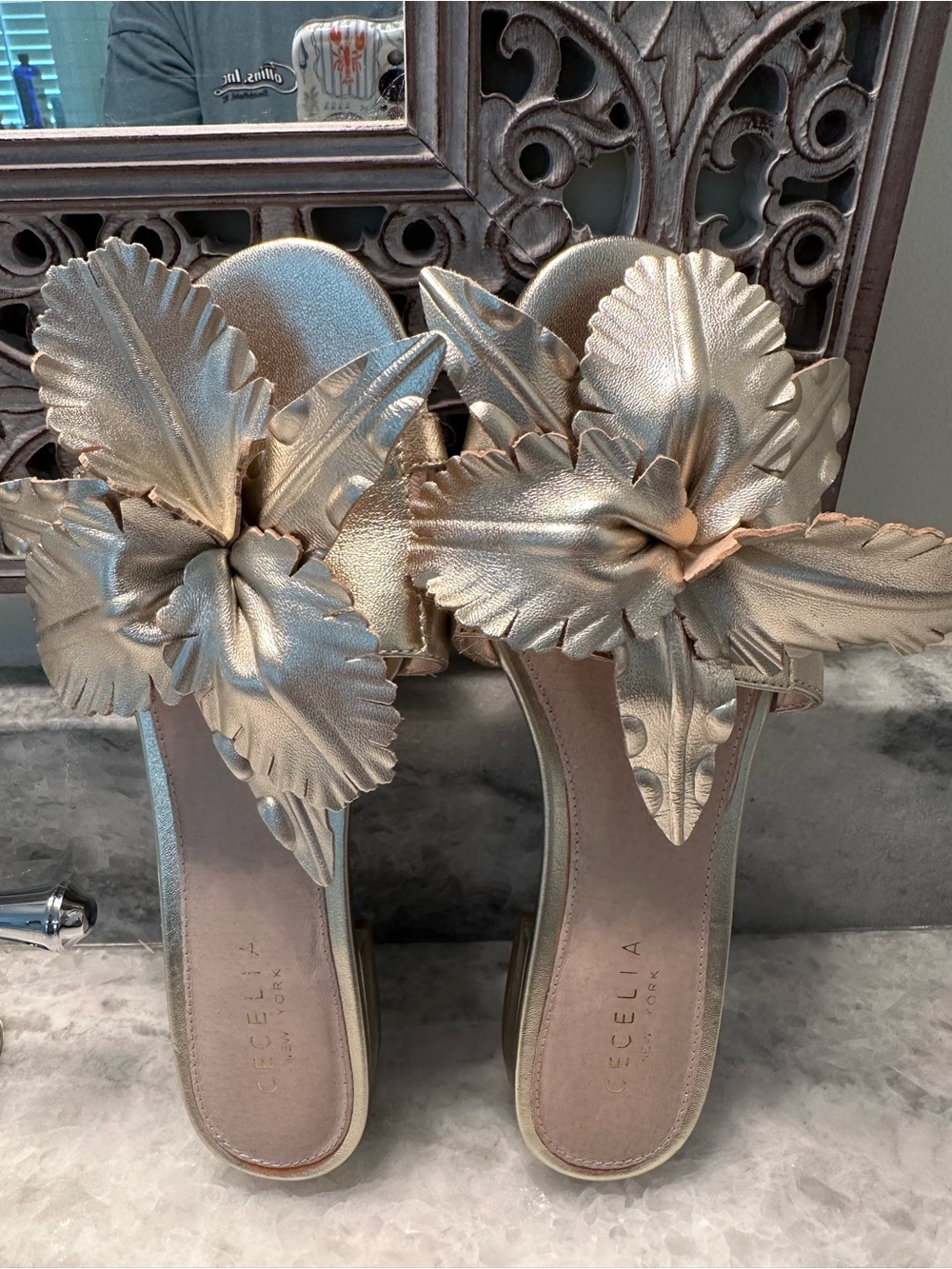Cecelia New York Metallic Gold Floral Slide Sandals — Women's